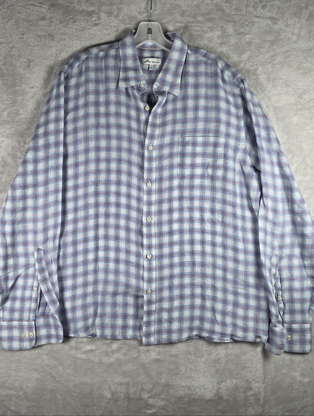 Peter Millar 100% Linen Size Large Long Sleeve Button Down Men Shirt Plaid Blue